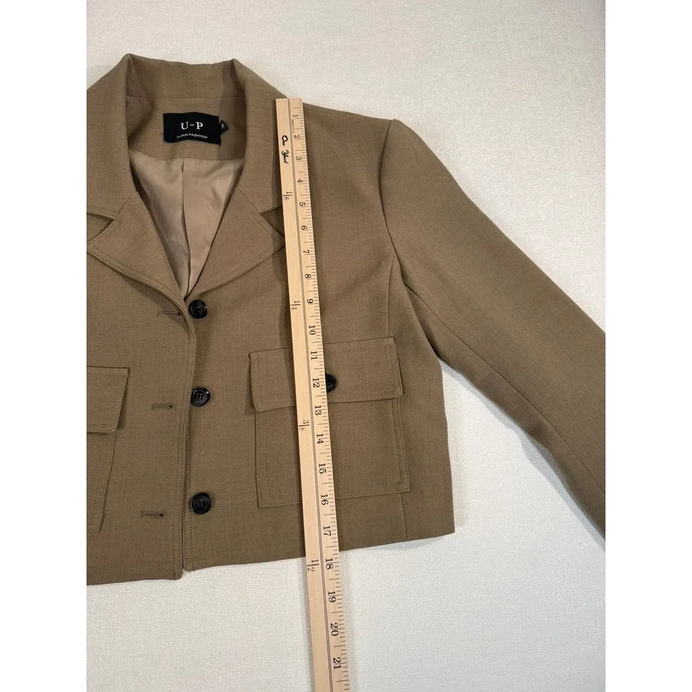 U-P Fashion Cropped Blazer Jacket Tan Two Button Utility Pockets Medium - Picture 6 of 8